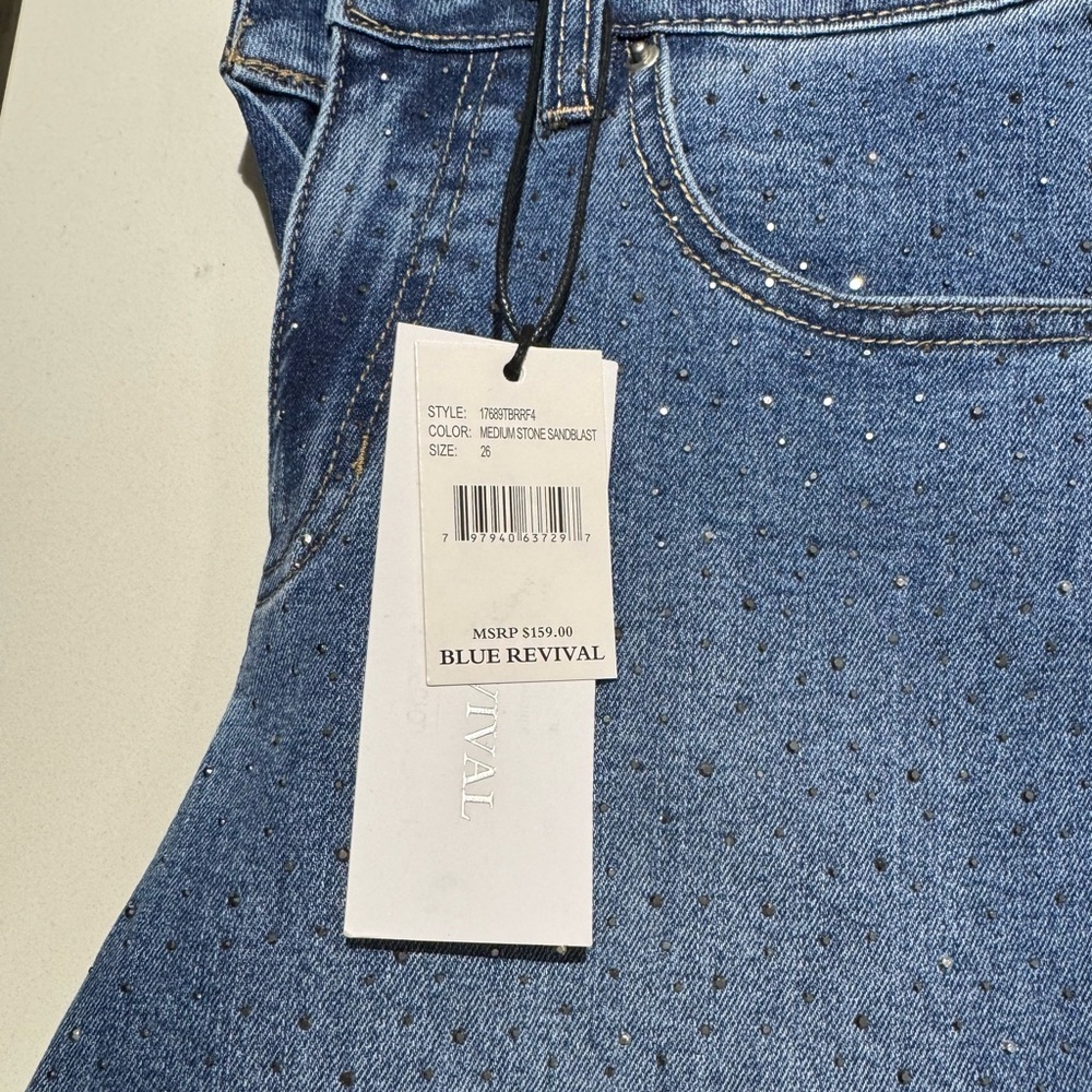 Blue revival jeans straight ankle rhinestone